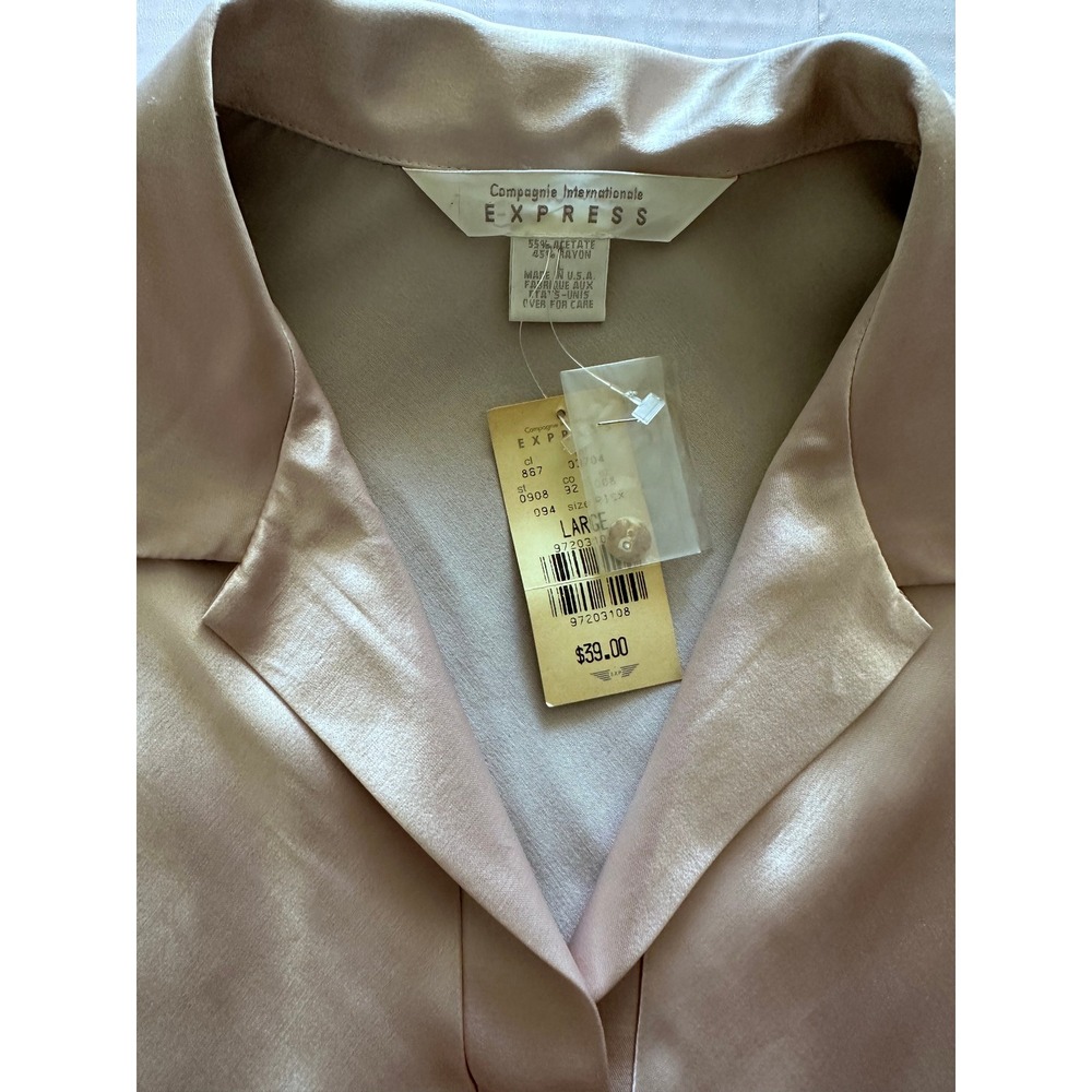 Vintage 90s Express Satin Blouse Champagne Taupe V-Neck Long Sleeve NWT L - Picture 3 of 6